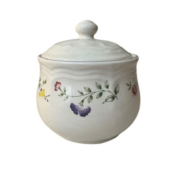 English Garden Stoneware Floral Design Lidded Sugar Bowl Or Small Jar Oven & Mic - Picture 1 of 8